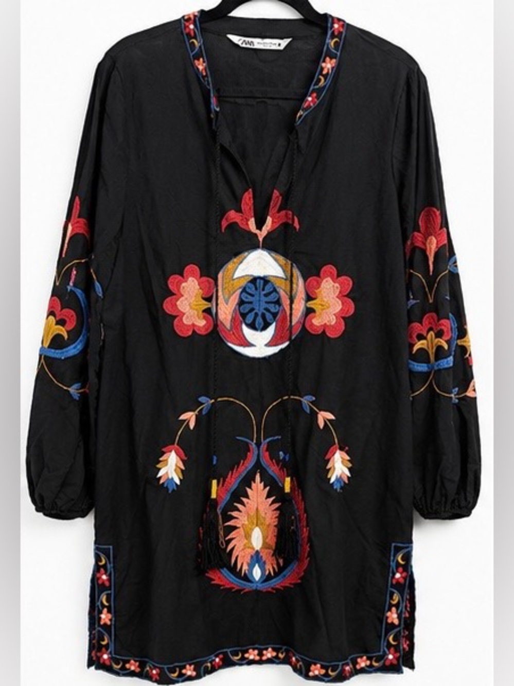 ZARA Short Embroidered Linen Boho Mini Dress Black Linen Blend Women’s Size M